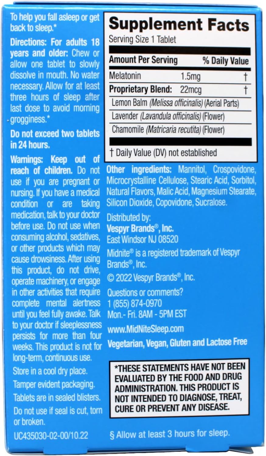 MidNite Melatonina Baja Dosis 1.5 mg con Mezcla Herbal – 30 Comprimidos de Fusión Rápida (Pack de 4)