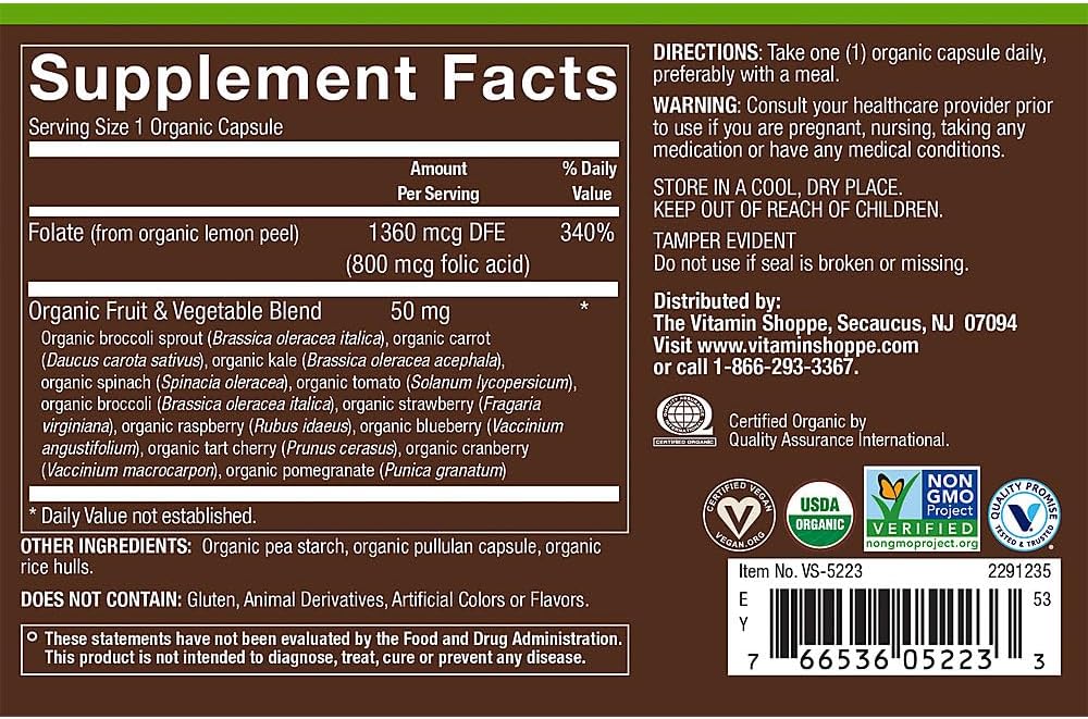 Folate Orgánico - Apoyo Prenatal de Alimentos Integrales - 800mcg de Ácido Fólico (100 Cápsulas)