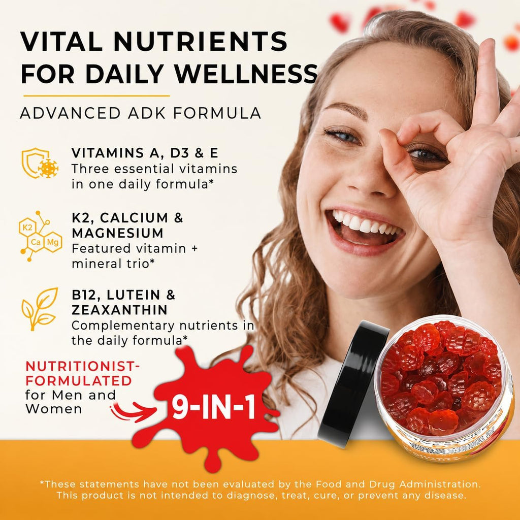 Gominolas de Vitamina D3 K2 10000 UI con Magnesio, Calcio, B12, Luteína, Zeaxantina - Complemento ADK Masticable