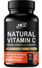Vitamina C Natural de Acerola Orgánica - Alta Absorción - con Ajo, Jengibre y Bioflavonoides Cítricos - Apoyo al Sistema Inmunitario y Colágeno - Vitaminas para la Piel Antienvejecimiento