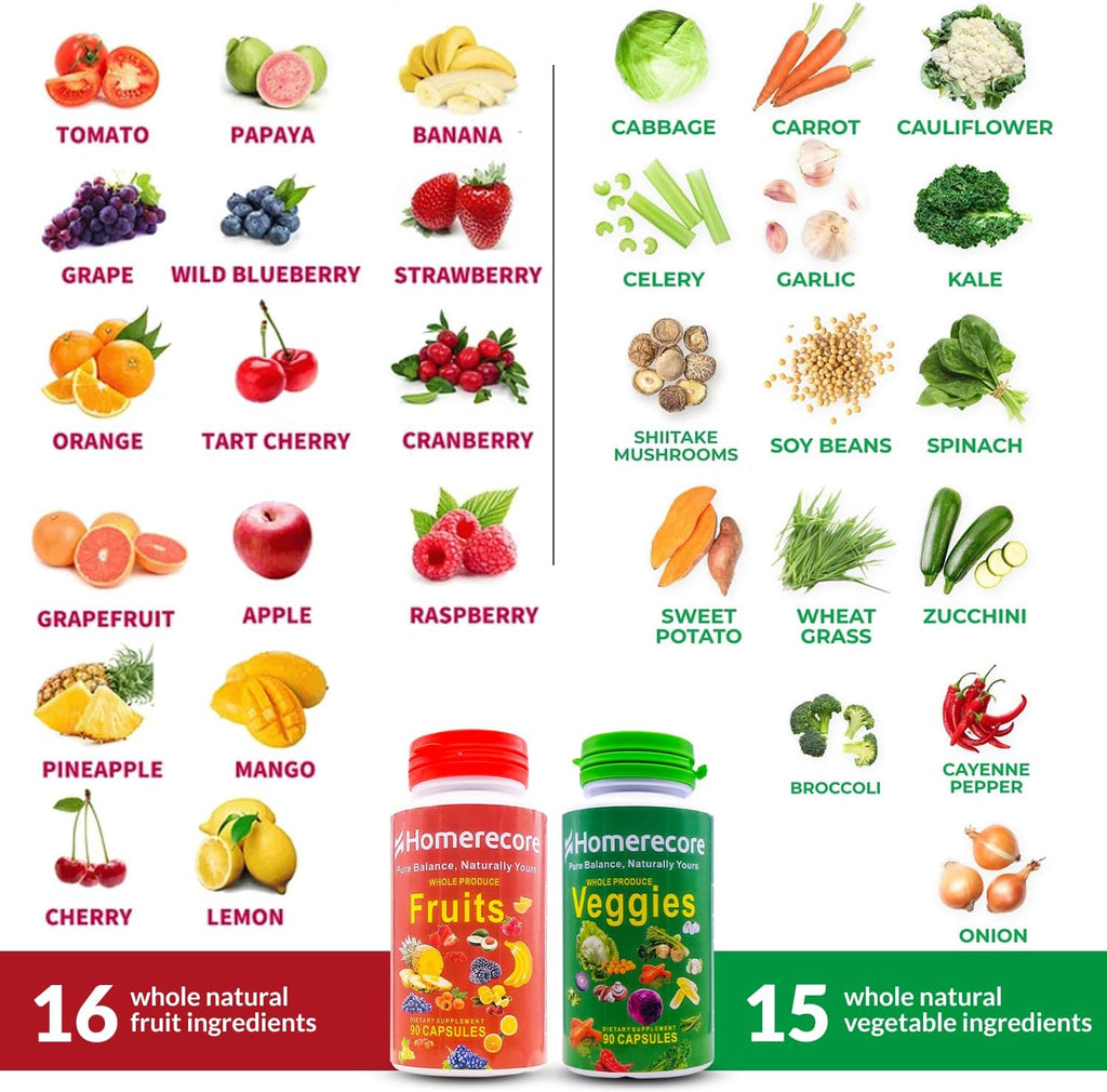 HOMERECORE Suplemento de Frutas y Verduras Enteras - 180 Cápsulas - Vegano, Sin Gluten, Sin Soja