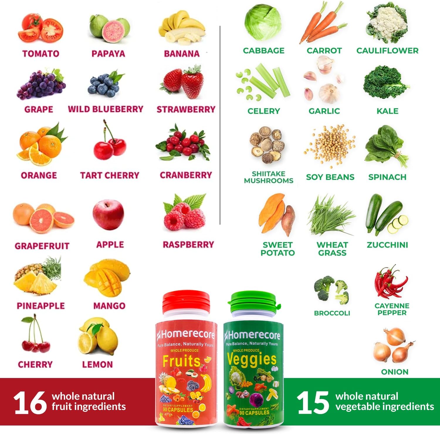 HOMERECORE Suplemento de Frutas y Verduras Enteras - 180 Cápsulas - Vegano, Sin Gluten, Sin Soja