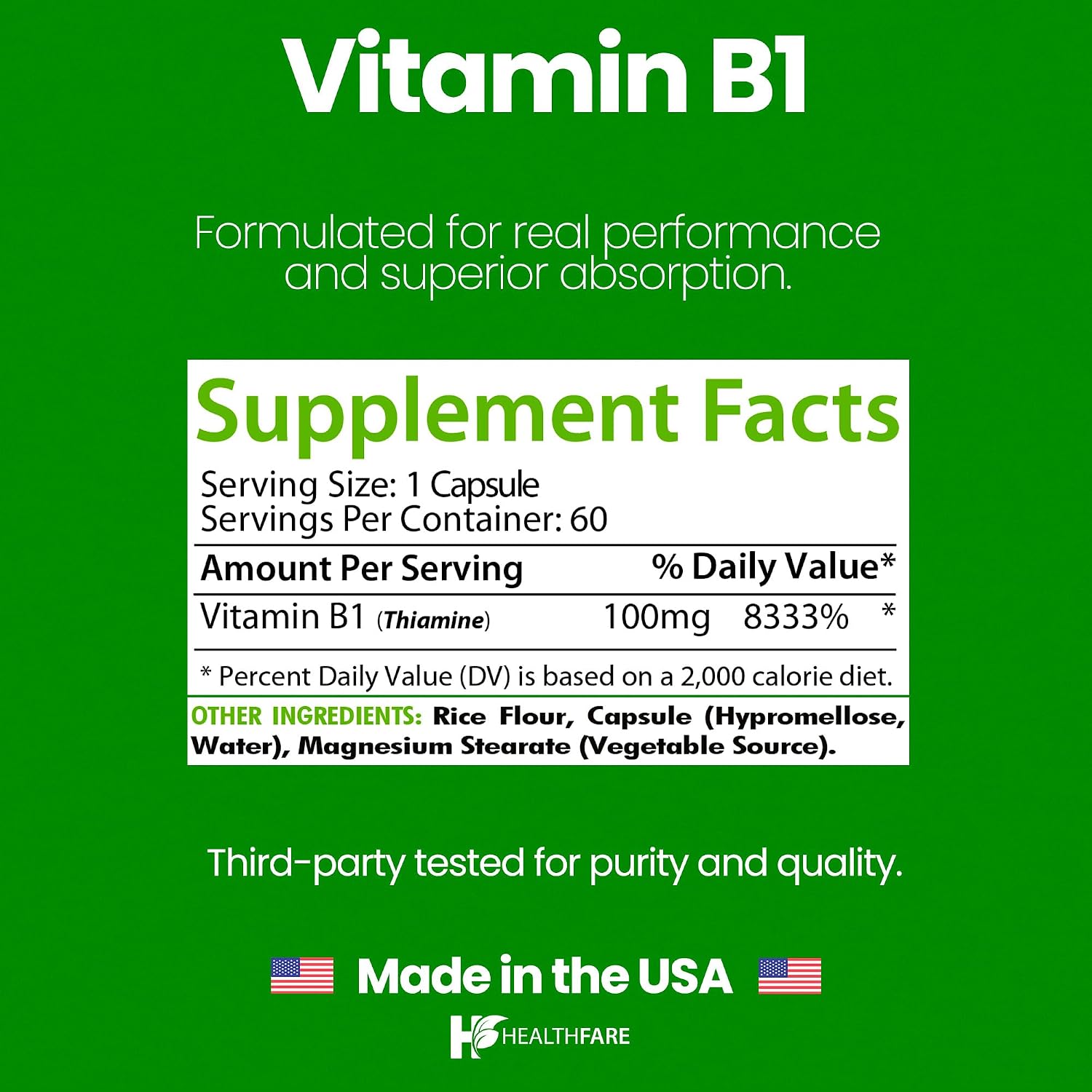 Healthfare Vitamina B1 100mg | 60 Cápsulas | Suplemento de Tiamina