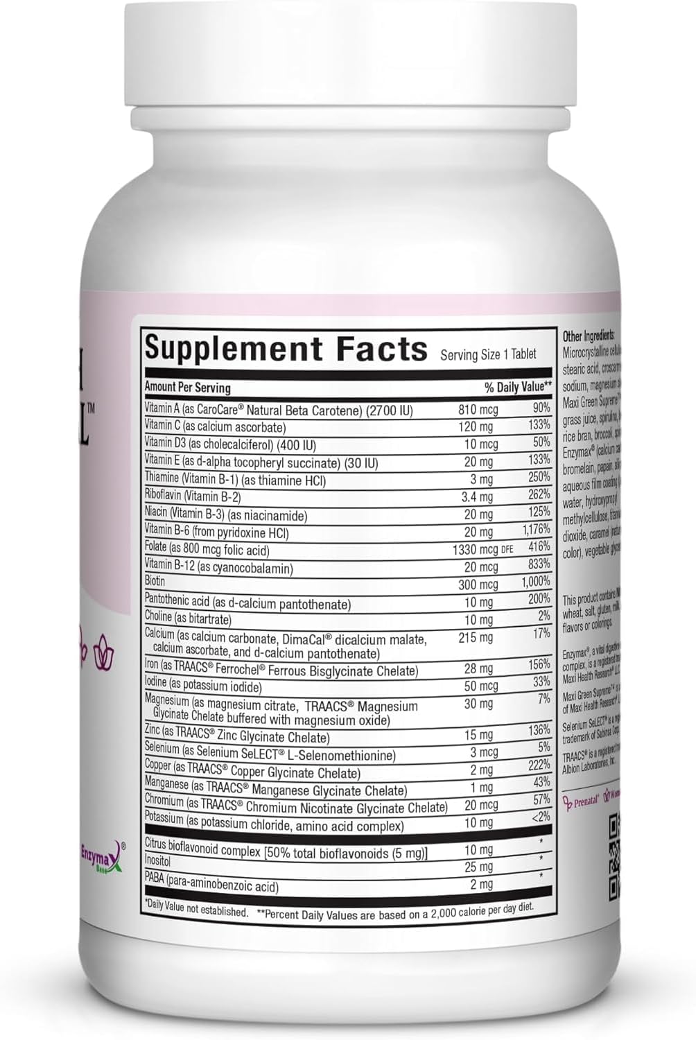 Maxi Health Vitaminas Prenatales para Mujer – Multivitamínico Diario con Hierro, Folato, Colina y Vitamina D3 – 60 Comprimidos