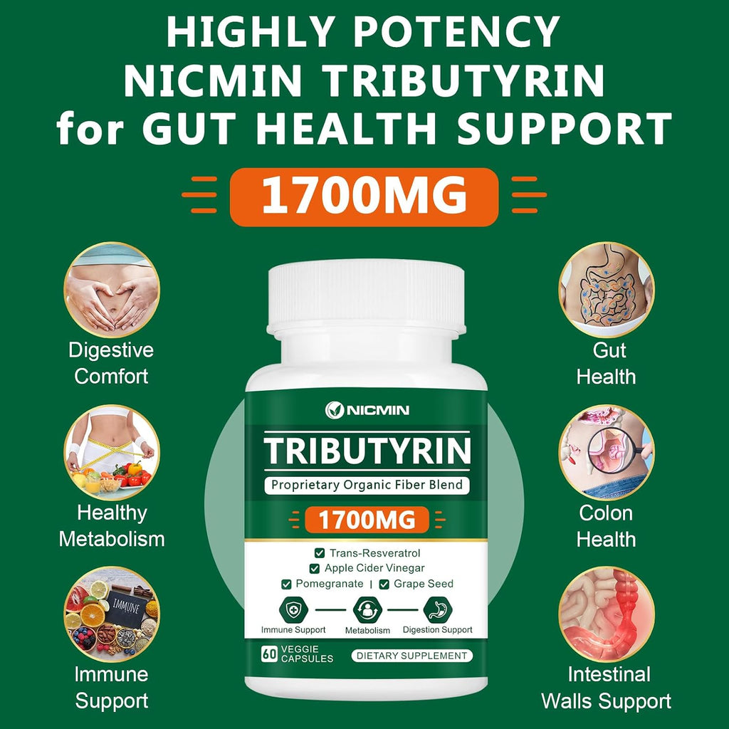 NICMIN Tributirina 1700mg - Suplemento de Butirato para la Salud Intestinal (60 Cápsulas)