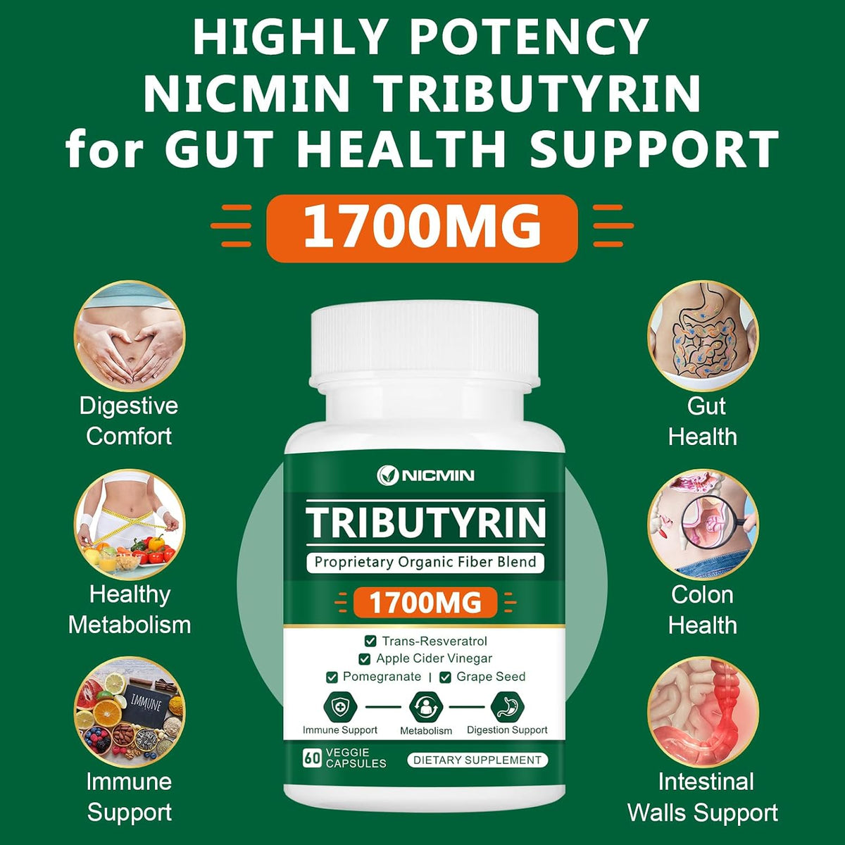 NICMIN Tributirina 1700mg - Suplemento de Butirato para la Salud Intestinal (60 Cápsulas) – Image 4