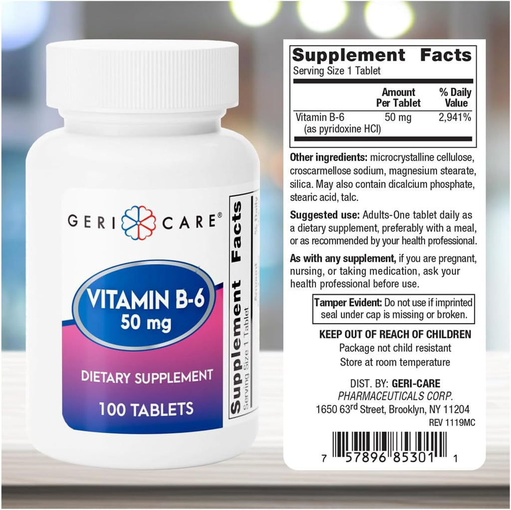 GeriCare Vitamina B-6 50 mg - Apoyo Nutricional para la Función Cerebral, Metabolismo y Sistema Nervioso - 100 Comprimidos