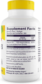 Healthy Origins Vitamina D3 5000 UI (Lanolina) - 360 Cápsulas Blandas