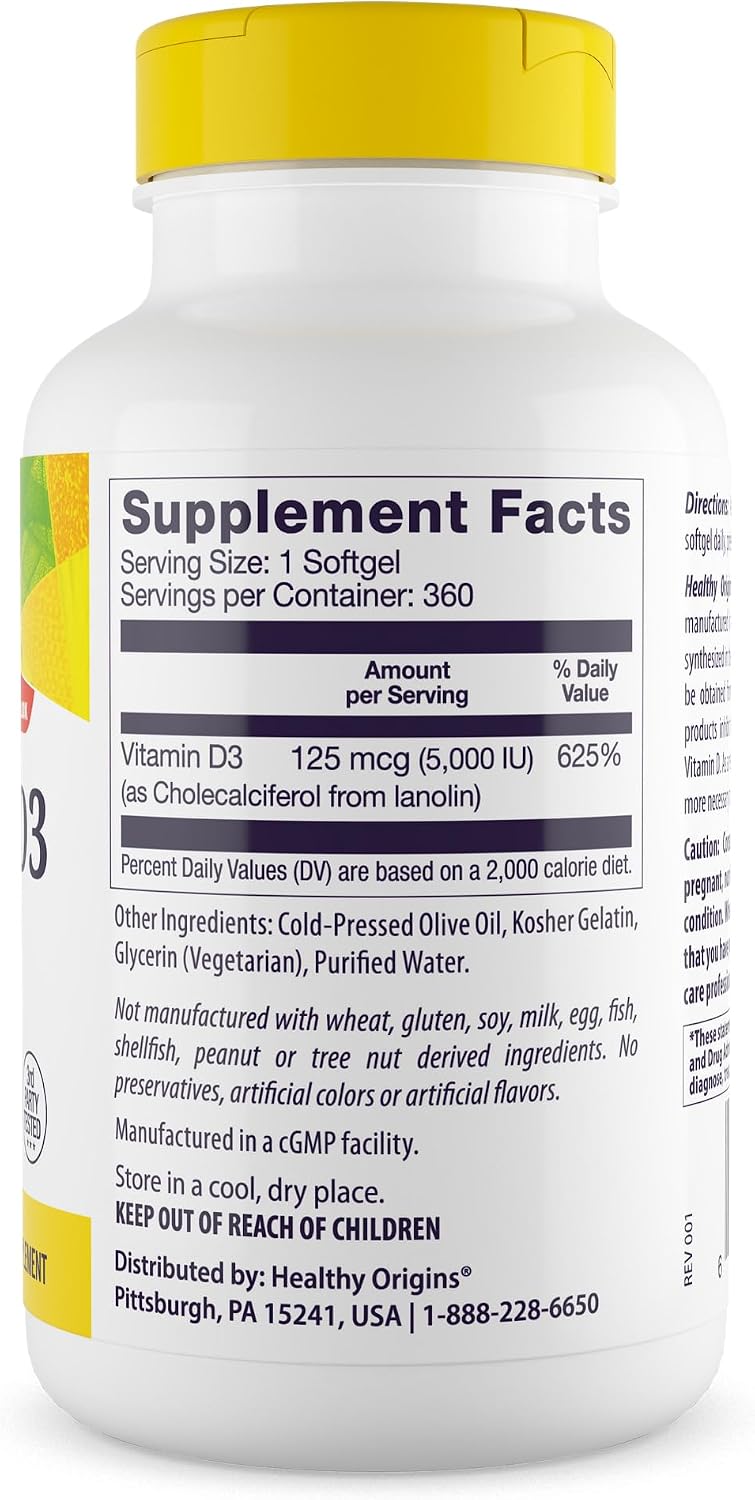Healthy Origins Vitamina D3 5000 UI (Lanolina) - 360 Cápsulas Blandas