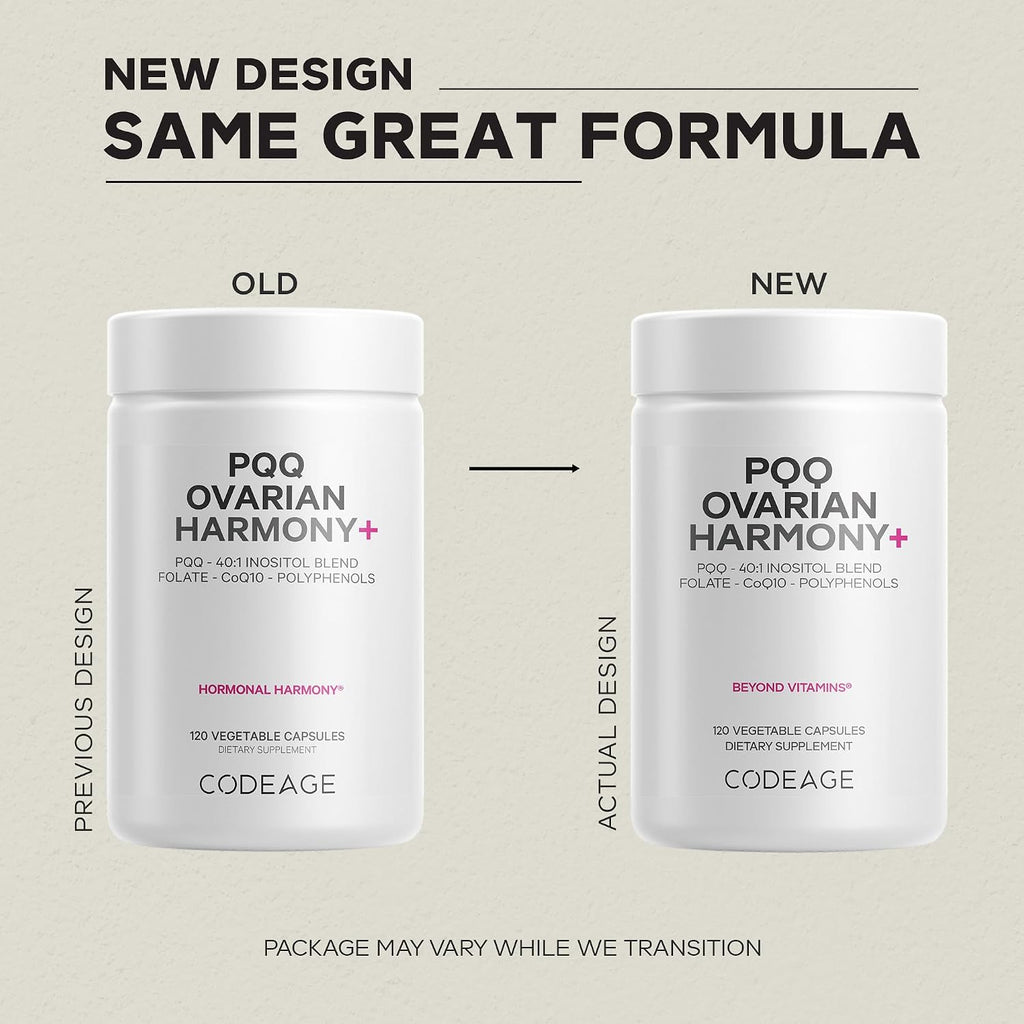 Codeage PQQ Ovarian Harmony+ - Suplemento con PQQ, Myo-Inositol & D-Chiro-Inositol 40:1, Folato 5-MTHF, CoQ10, Arándano Silvestre - Envío Liposomal - No-GMO - 120 Cápsulas
