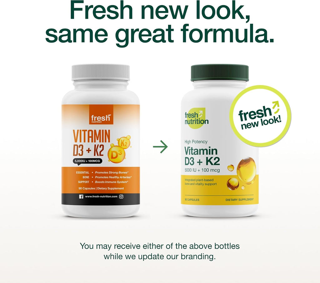 Fresh Nutrition Vitamina D3 + K2 Vegana - 5000 UI D3 + 100mcg K2 como MK-7 - 90 Cápsulas