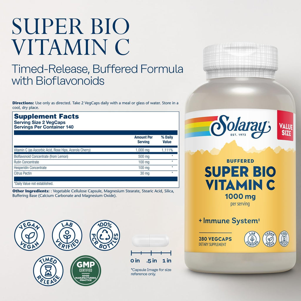 Solaray Super Bio Buffered Vitamin C 1000mg - Liberación Prolongada con Bioflavonoides - 360 Cápsulas