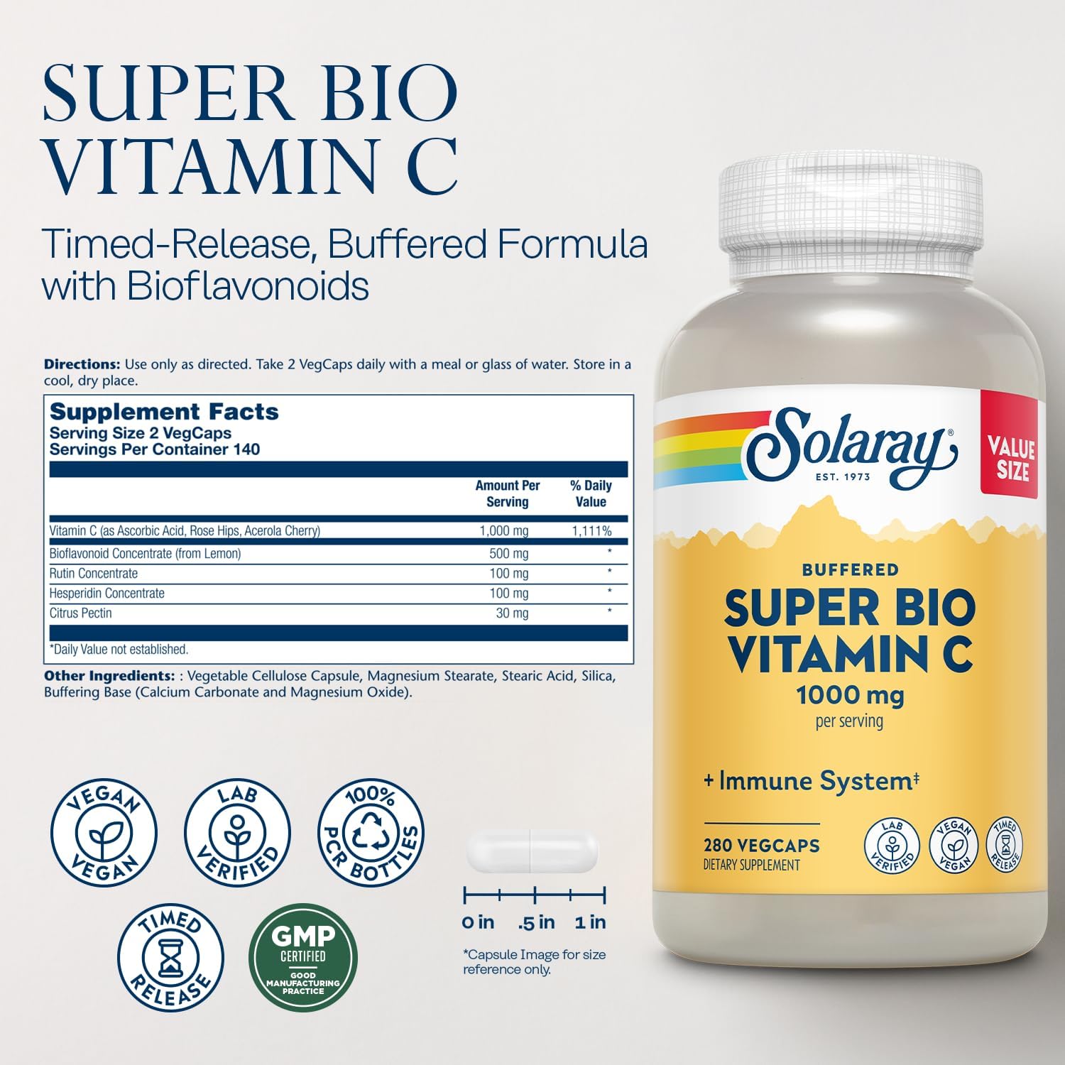 Solaray Super Bio Buffered Vitamin C 1000mg - Liberación Prolongada con Bioflavonoides - 360 Cápsulas
