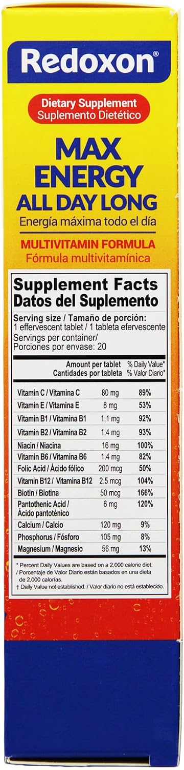 Redoxon Max Energy, Ayuda a Apoyar el Sistema Inmunitario, Sabor Naranja, 20 Comprimidos Efervescentes