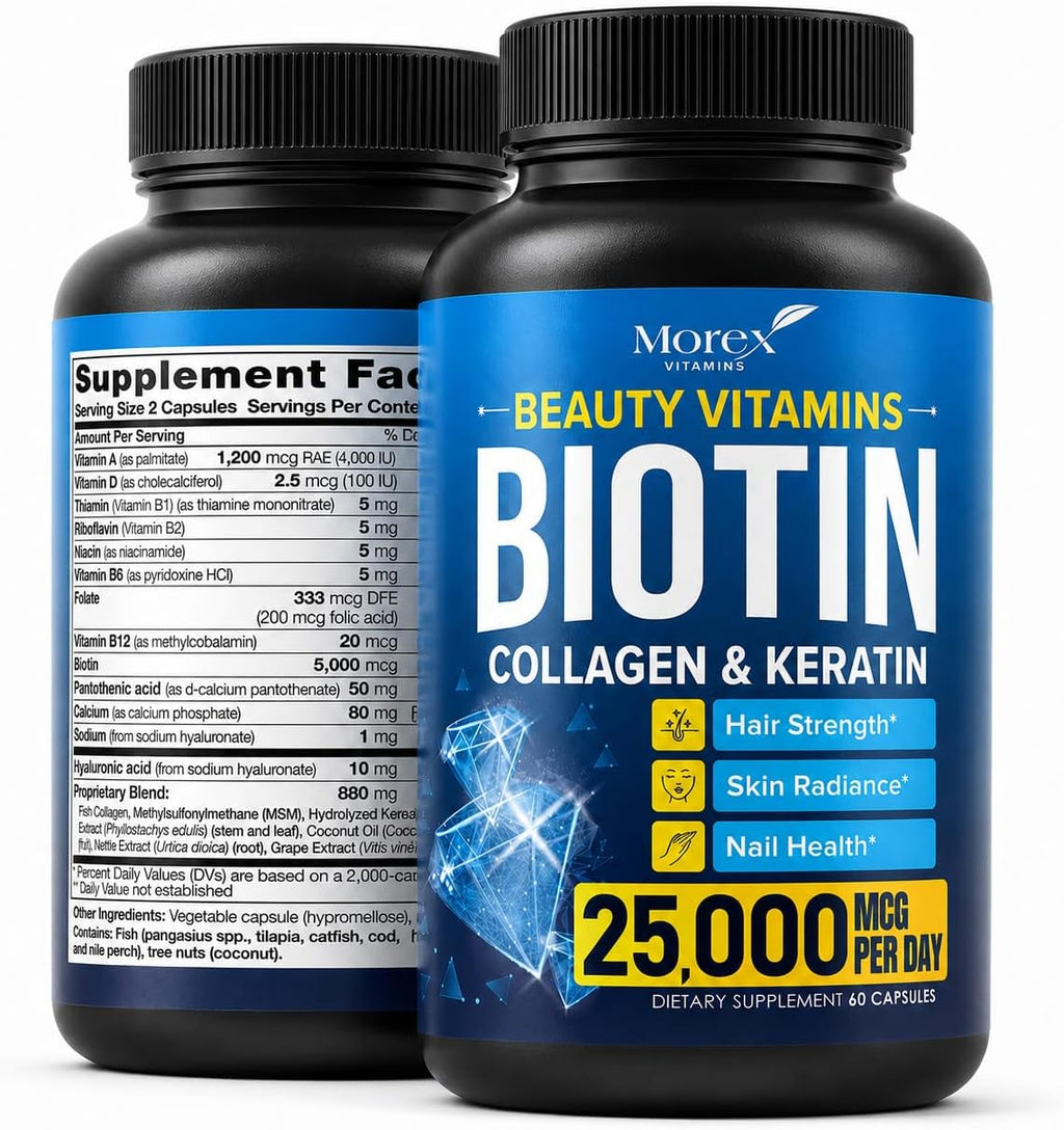 MOREX VITAMINS Biotina, Colágeno, Queratina y Ácido Hialurónico - 25.000 mcg - 60 Cápsulas