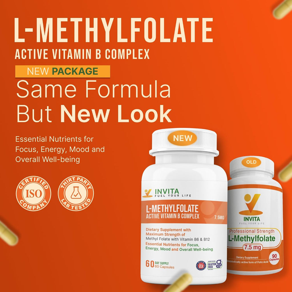 INVITA, L-Metilfolato 7.5 mg + Complejo B Activo – 60 Cápsulas – Suplemento 5-MTHF con Vitamina B6 y B12 Metilcobalamina – No-GMO, Sin Gluten, 2 Meses