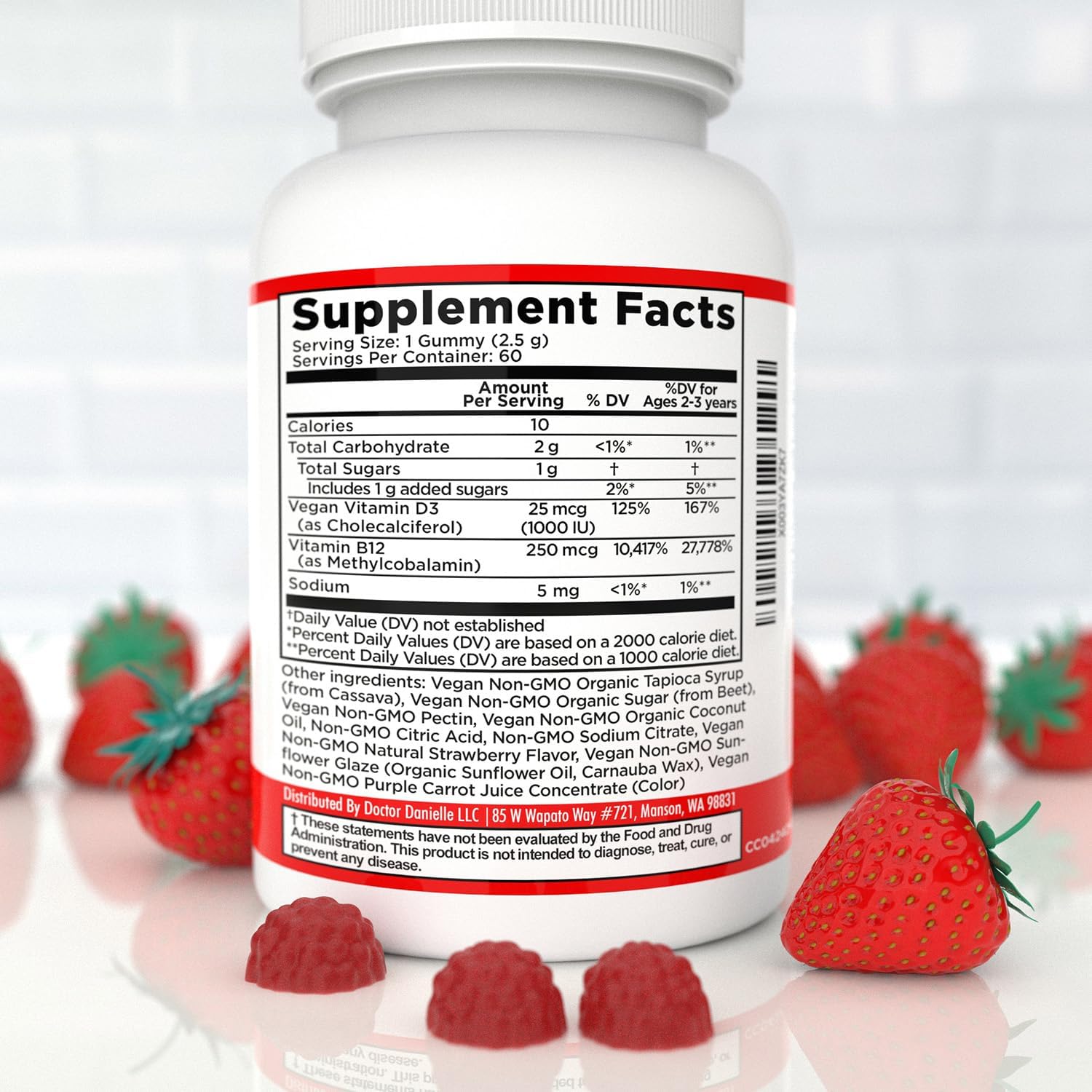 Gominolas de Vitamina D3 y B12 de Dr. Danielle | Suplemento Vegano para Adultos y Niños | 1000 UI de D3 + 250 mcg de B12 | 60 Gominolas (2 Meses)