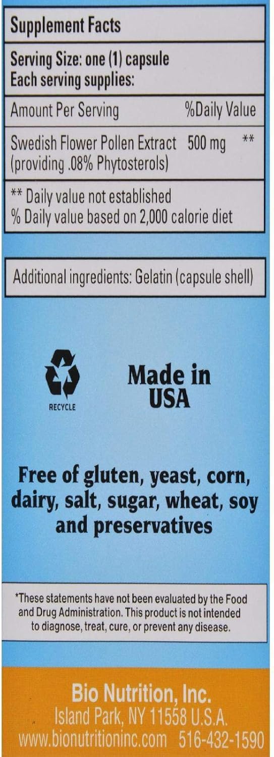 Bio Nutrition Extracto de Polen de Flor Sueco, 500 mg, 60 Cápsulas