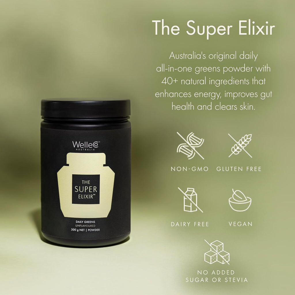 WelleCo The Super Elixir, Mezcla diaria de verduras en polvo con probióticos y superalimentos, sin sabor, 300g