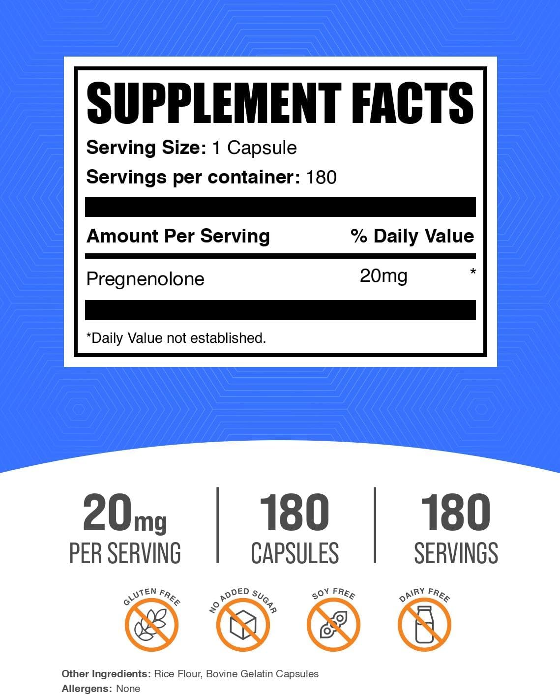 BulkSupplements Pregnenolona 20 mg, 180 Cápsulas