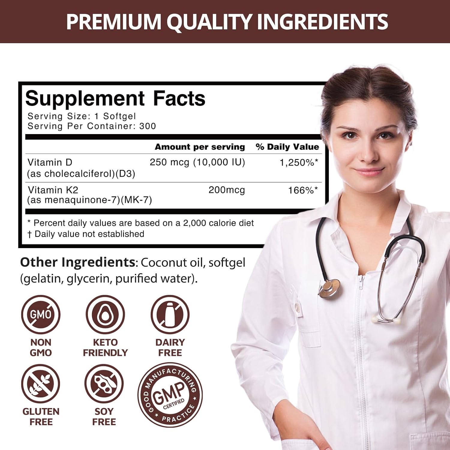 QVQ Vitamina D3 10000 UI + K2 (MK-7) 200 mcg, 300 Cápsulas blandas con aceite de coco virgen