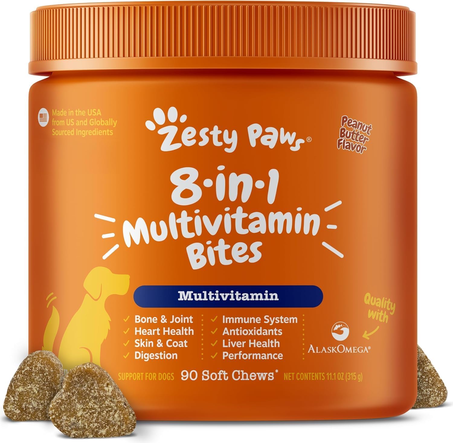 Zesty Paws Multivitamínico para Perros - Masticables con Glucosamina, Condroitina, Probióticos y Enzimas Digestivas, Apoyo para Articulaciones, Piel y Pelaje, Sabor Mantequilla de Maní - 90 unidades