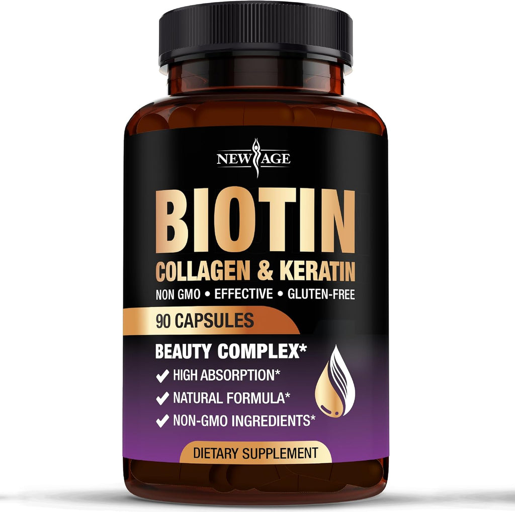 NEW AGE Biotina, Colágeno, Keratina, Ácido Hialurónico - 10.000 μg para Cabello, Uñas y Piel - 90 Cápsulas