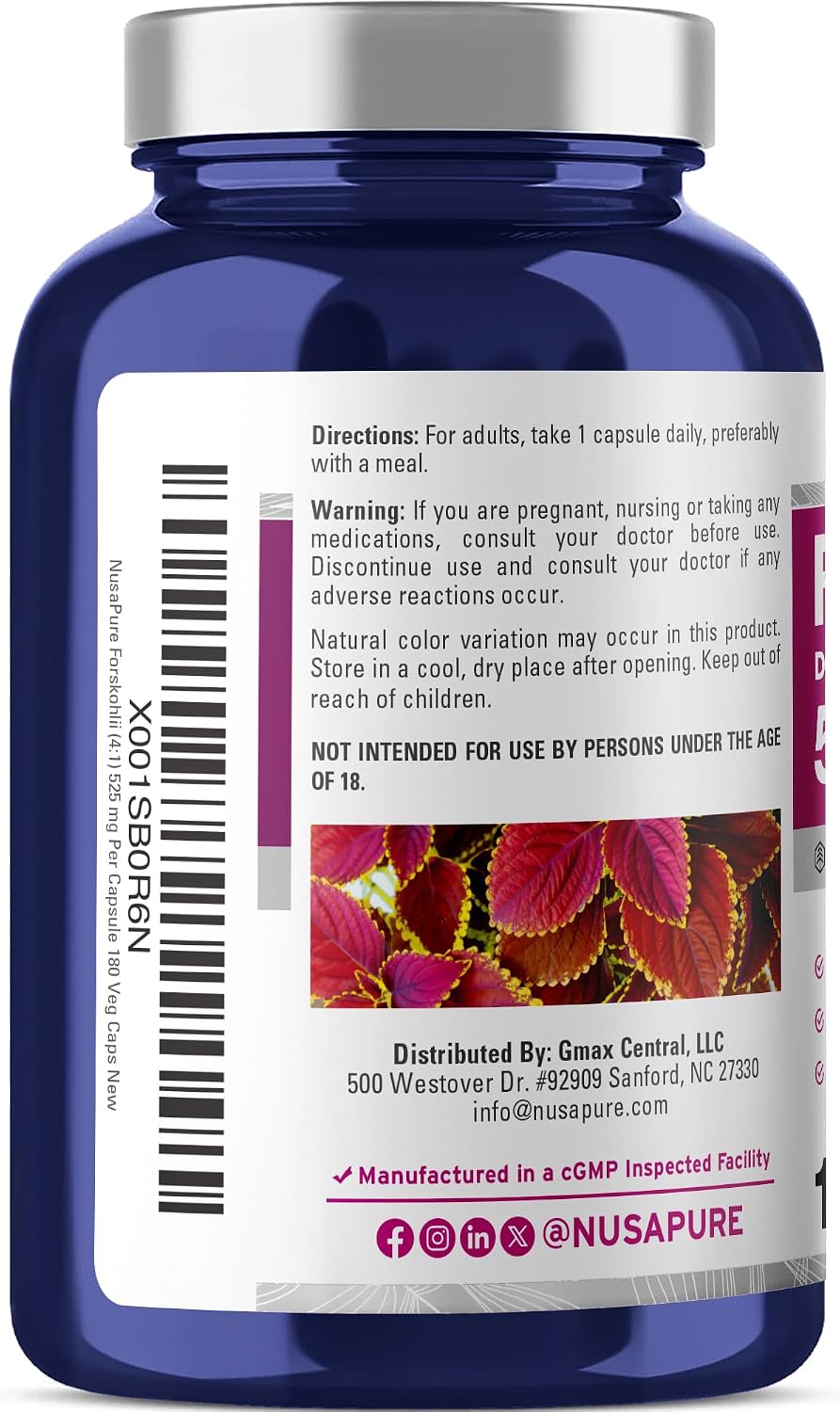 NusaPure Forskohlii Cápsulas, 525 mg, 180 Cápsulas Vegetales (No-GMO, Vegano)