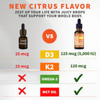 (2 Pack) Organic Vitamin D3 K2 Drops with MCT Oil & Omega 3 - Liquid Vitamin D3 5000 IU - K2 D3 Vitamin Supplement - Vitamin D Drops for Women & Men - No Fillers, Non-GMO, GMP, Citrus Flavor (2 Fl Oz)