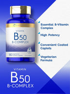 Complejo Vitamínico B50 de Carlyle | 180 Comprimidos | Vegetariano, No-GMO, Sin Gluten