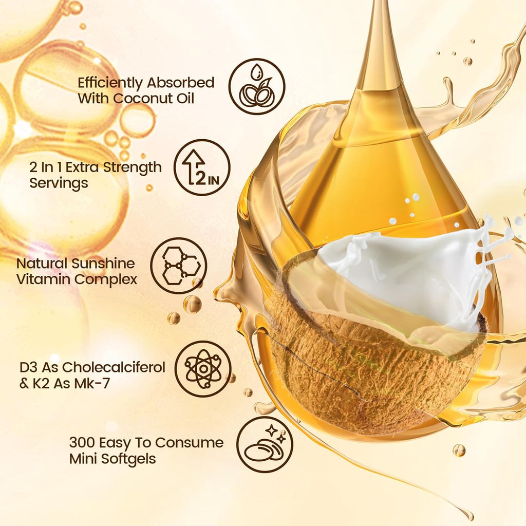 VivoNu Vitamina D3 K2 10000 UI con MK-7 - 300 Cápsulas Blandas con Aceite de Coco Virgen