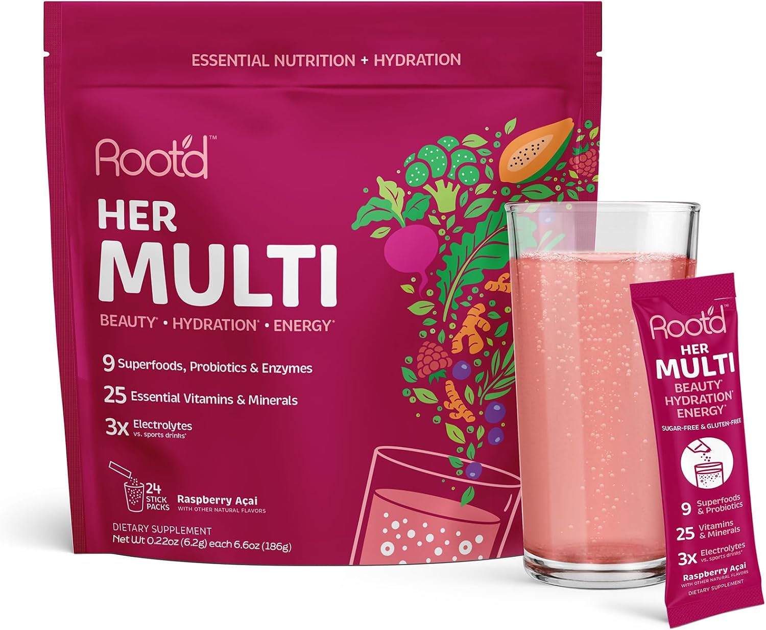 Root'd Multivitamínico en Polvo con 3X Electrolitos para Mujeres - 25 Vitaminas y Minerales, 9 Superalimentos Orgánicos, Probióticos y Enzimas | 24 Sobres