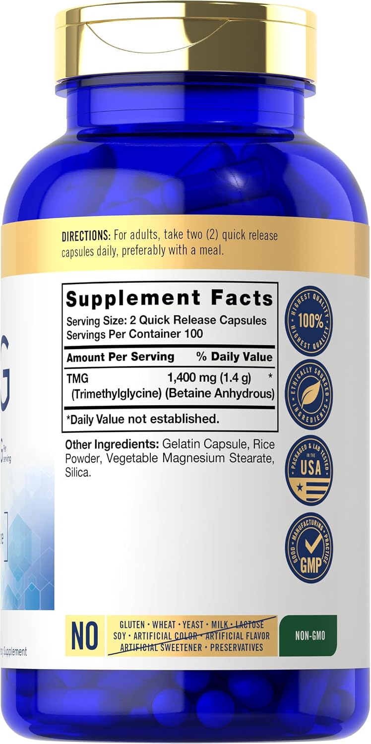 Carlyle Suplemento TMG | 1400mg | 200 Cápsulas de Trimetilglicina de Liberación Rápida | No OGM y Sin Gluten