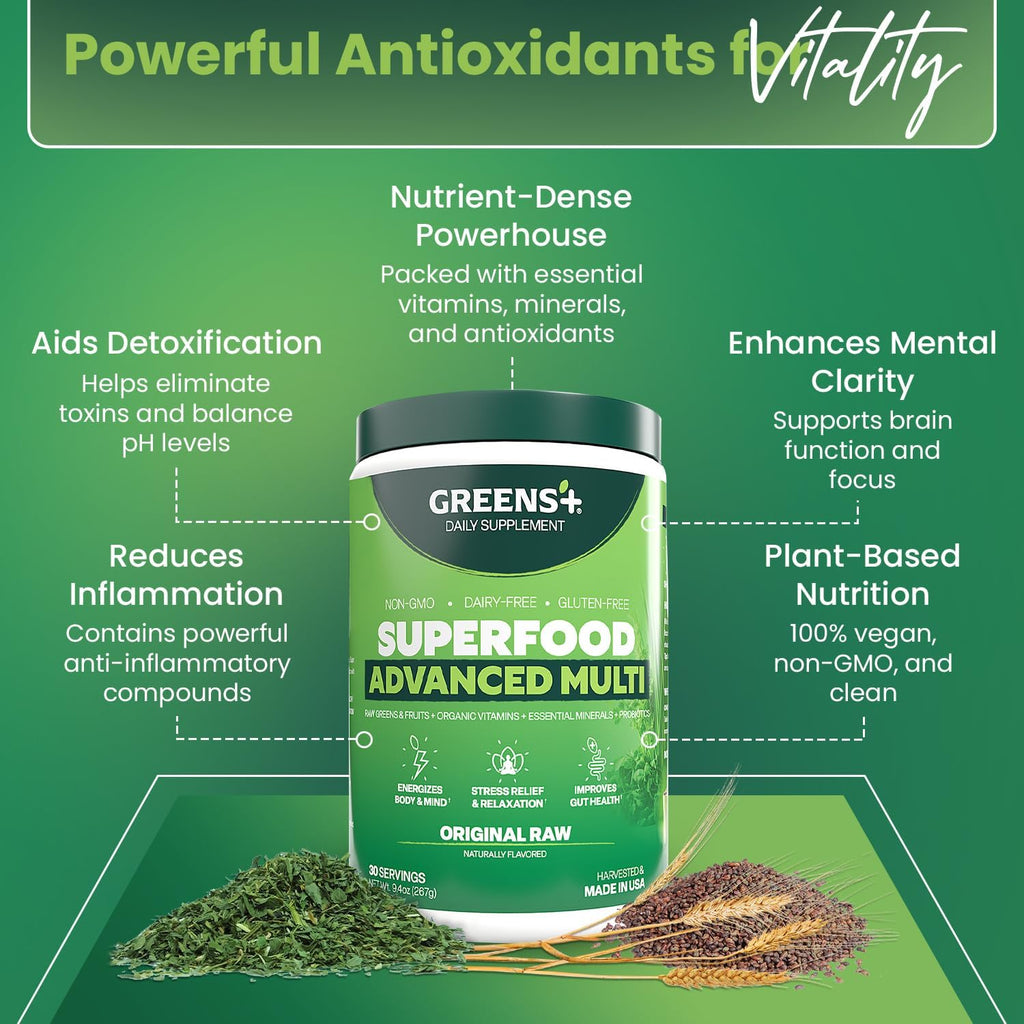 Greens+ Advanced Multi Raw Superfood - Green Superfood Powder Blend - Vegan, Gluten-Free, Non-GMO - 267g