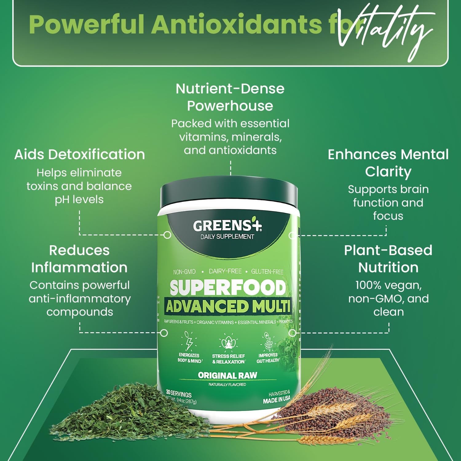Greens+ Advanced Multi Raw Superfood - Green Superfood Powder Blend - Vegan, Gluten-Free, Non-GMO - 267g