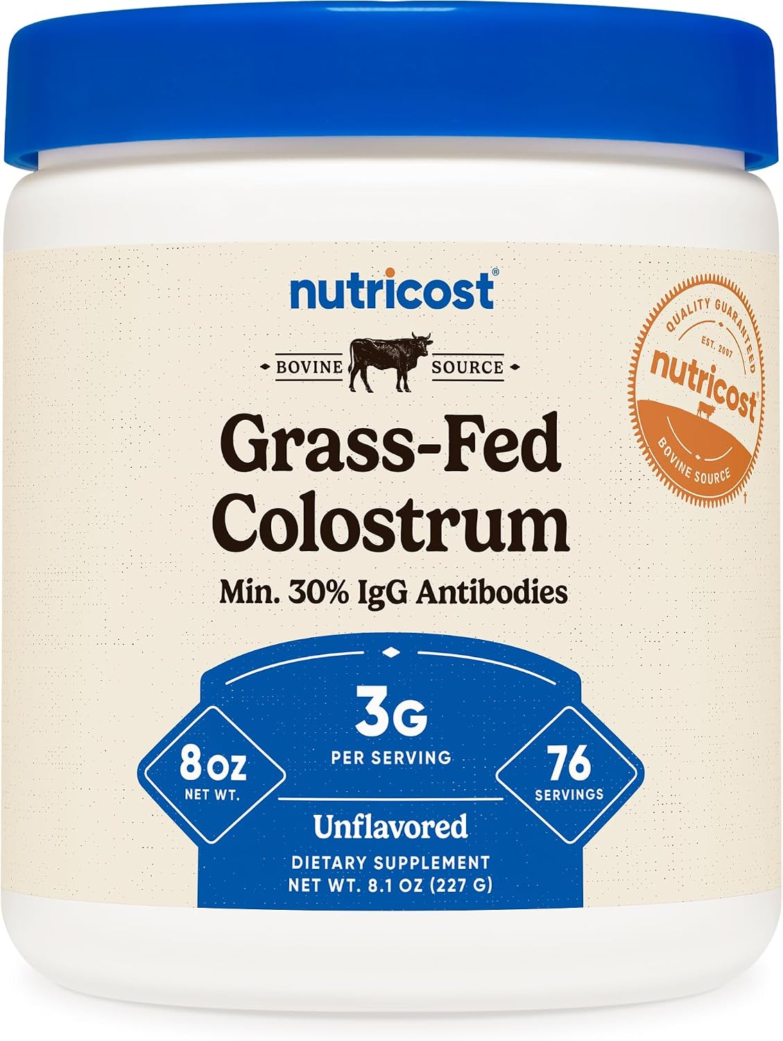 Nutricost Calostro Bovino en Polvo - 226 g (8 oz) - 76 Raciones - Mínimo 30% IgG