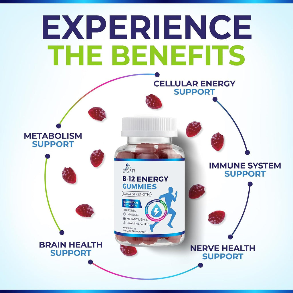 B12 Energy Gummies - 4500 mcg de Vitamina B12 por Dosis - Gominolas para Energía y Sistema Inmunológico - Sabor Natural a Bayas - 60 Gominolas