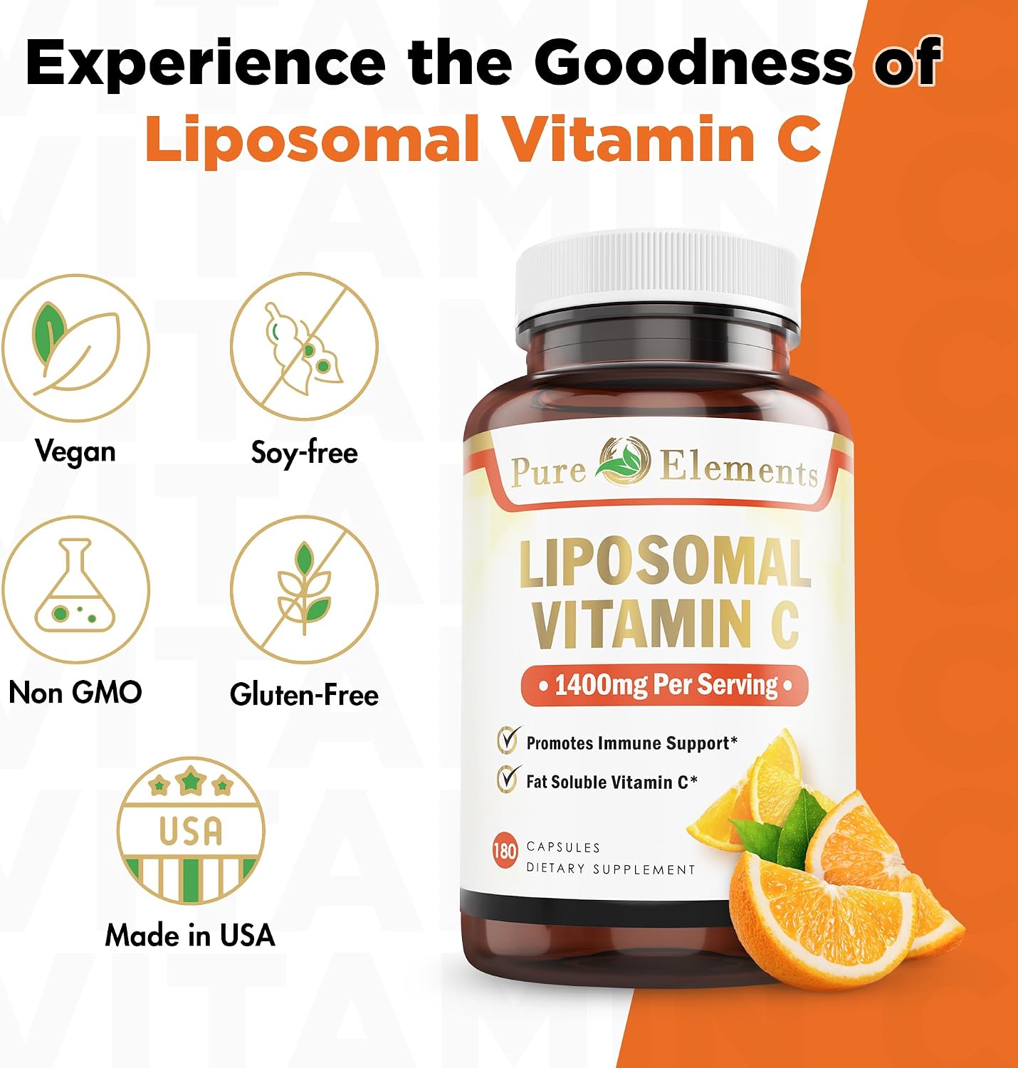 Pure Organic Elements Vitamina C Liposomal - 180 Cápsulas con 1400 mg de Ácido Ascórbico
