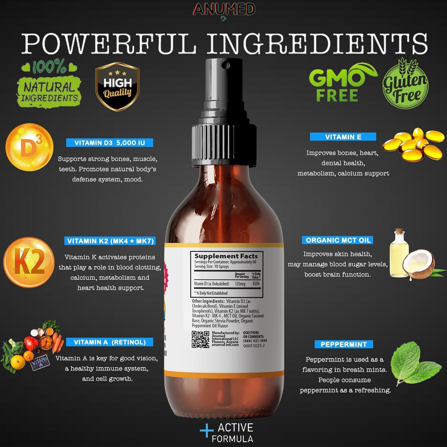 Spray Líquido de Vitamina D3 K2 5000 IU con Vitamina A (Retinol) y MCT Orgánico - Sabor Menta - 100% Vegano, Sin OGM, Sin Azúcar (60 ml)