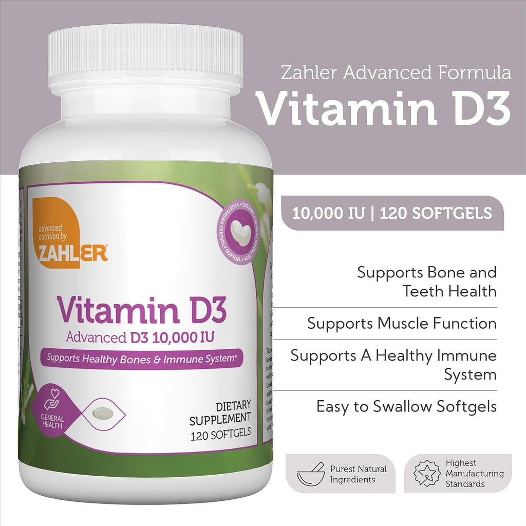 Zahler - Vitamina D3 Avanzada 10.000 UI, 120 Cápsulas Blandas - Apoyo para Huesos, Dientes, Músculos e Inmunidad