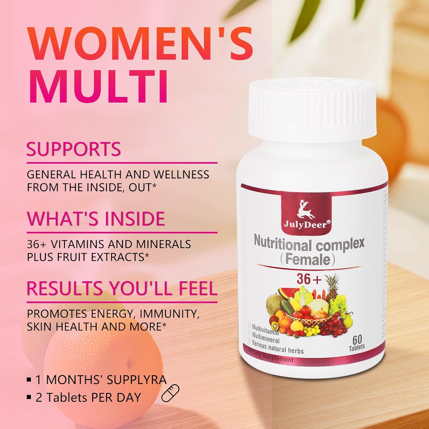 JulyDeer Multivitamínico Diario para Mujeres - Complejo Multimineral y Multivitamínico con Vitaminas A, C, D, E y Complejo B, Zinc y Más - 60 Comprimidos