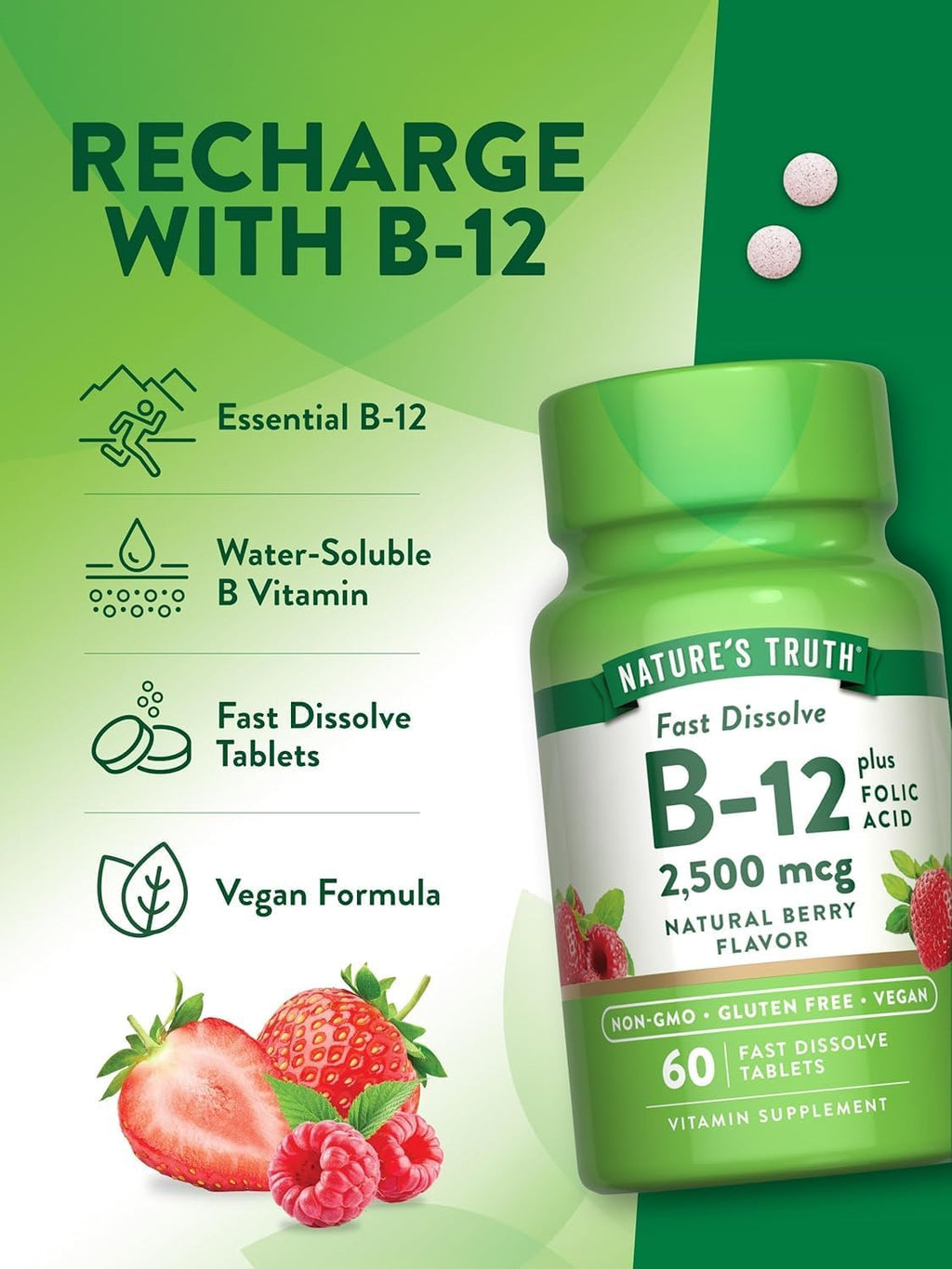Nature's Truth Vitamina B12 2500 mcg con Ácido Fólico, Sabor Natural a Bayas, 180 Comprimidos (3 Envases de 60)