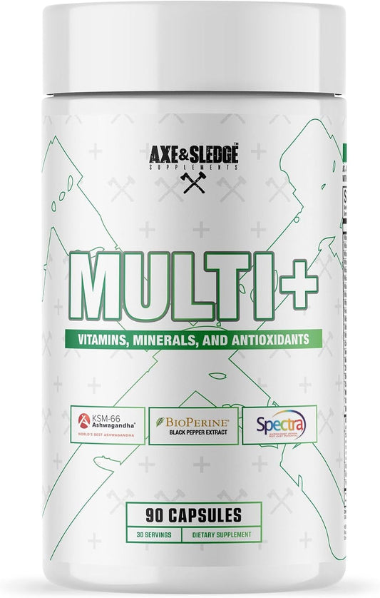 Axe & Sledge Multi Plus Multivitamin | 24 Vitaminas y Minerales Biodisponibles, Ashwagandha | Multivitamínico para Mujeres y Hombres | 90 Cápsulas, 30 Dosis