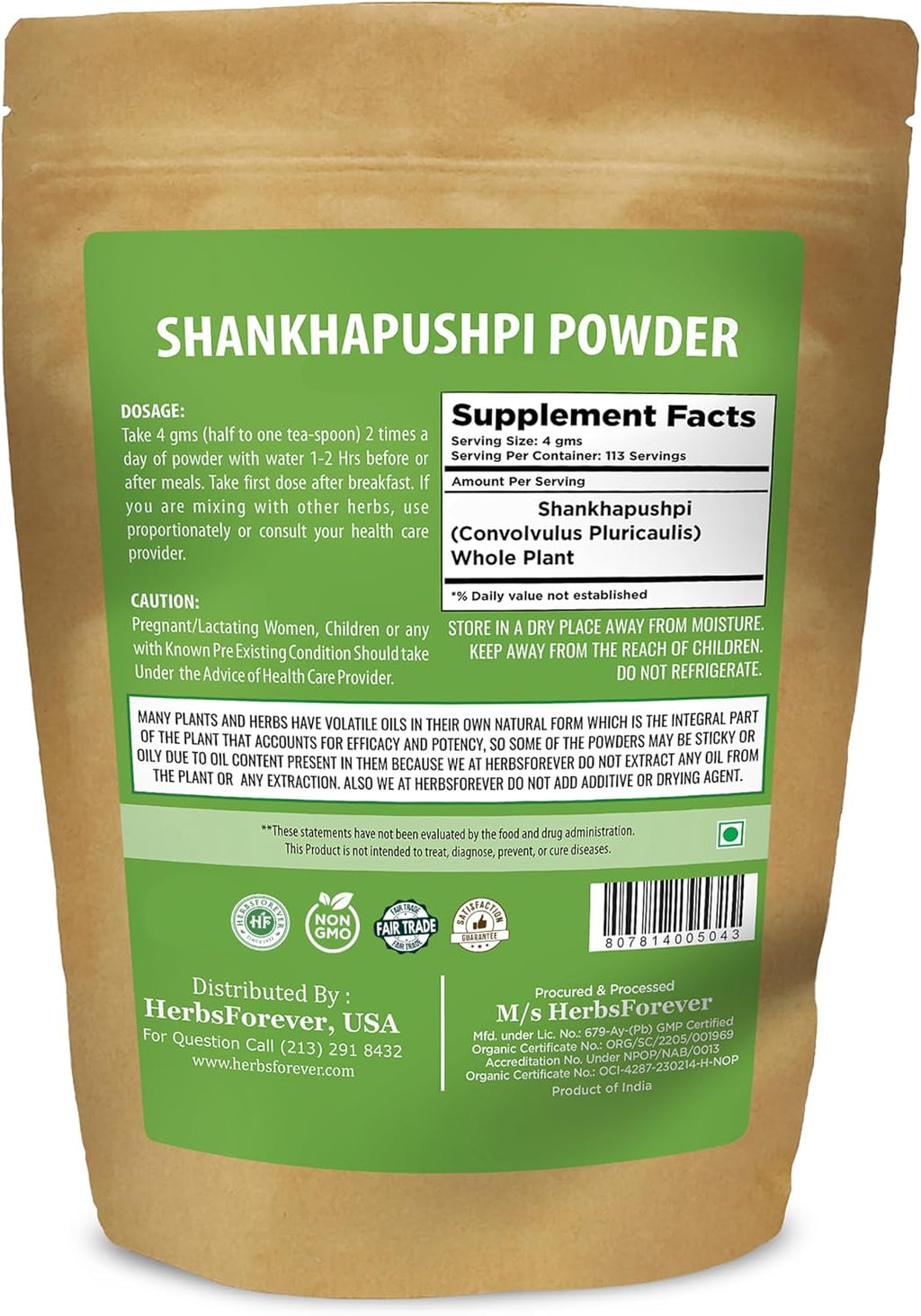 HerbsForever Shankhpushpi (Convolvulus Pluricaulis) en Polvo, 454g