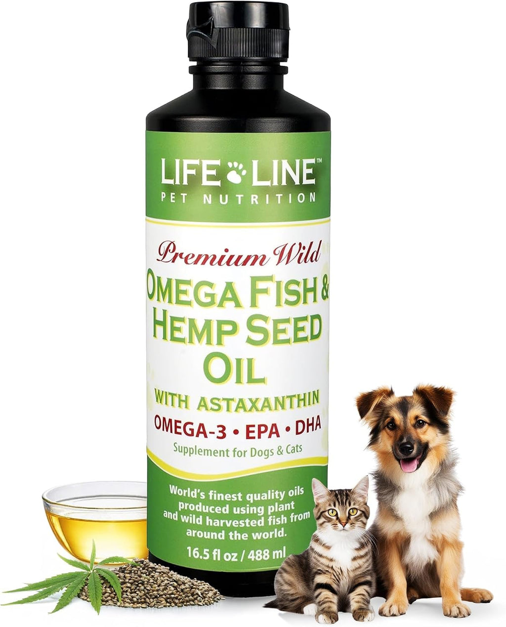 Lifeline Aceite Premium Omega 3 de Pescado y Cáñamo para Perros y Gatos | Apoyo para Piel, Pelaje y Articulaciones | Suplemento Calmante con Astaxantina – 8.5 oz