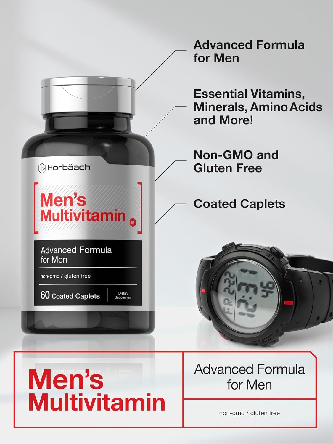 Horbäach Multivitamínico para Hombres | 60 Comprimidos | Fórmula Avanzada con Vitamina C, D, Magnesio, Minerales y Más | Suplemento Sin Gluten y No-GMO