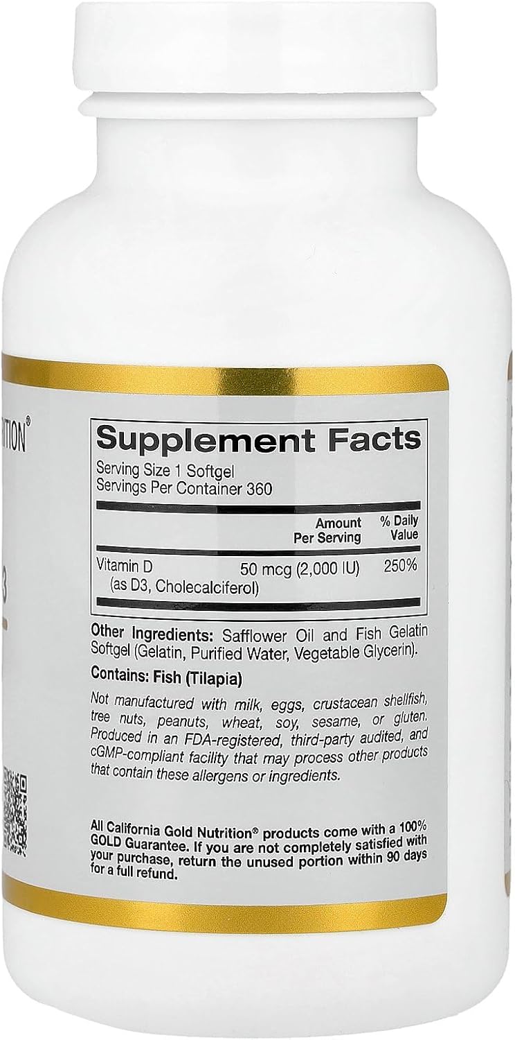 California Gold Nutrition Vitamina D3, 50 mcg (2000 UI), 360 Softgels de Gelatina de Pescado