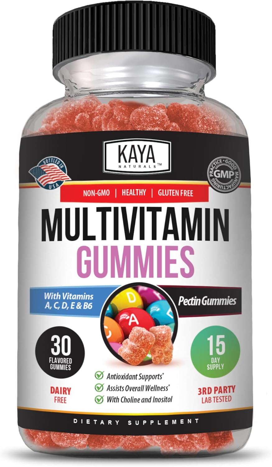 Kaya Naturals Adult Multi Vitamin Gummy - Multivitamínico en Gominolas para Adultos con Biotina, Vitamina A, B12, C, E, Zinc y Ácido Fólico - Sabor Fresa - Sin Gluten