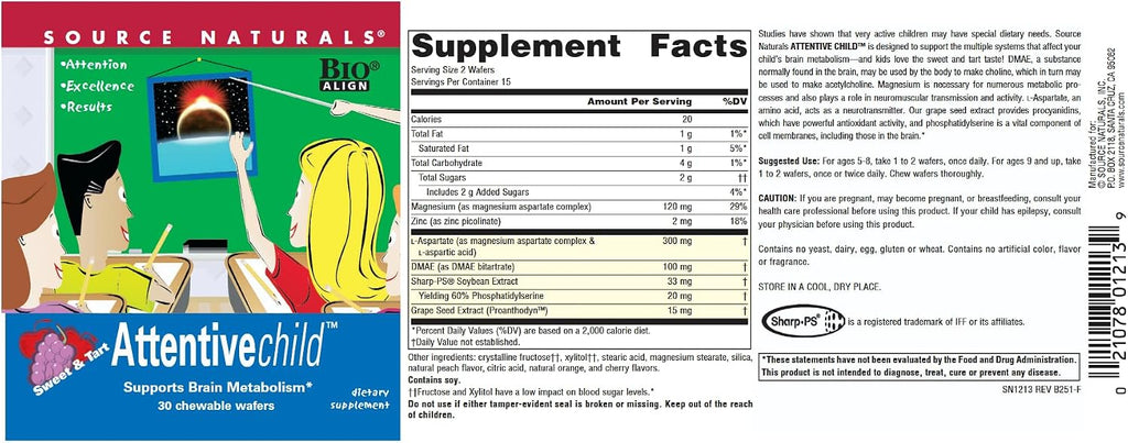 Source Naturals Attentive Child – Obleas masticables para niños, 30 unidades, sabor fruta