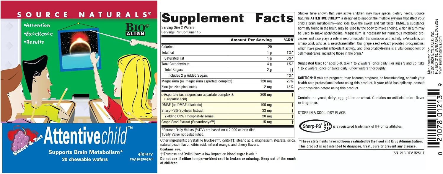 Source Naturals Attentive Child – Obleas masticables para niños, 30 unidades, sabor fruta
